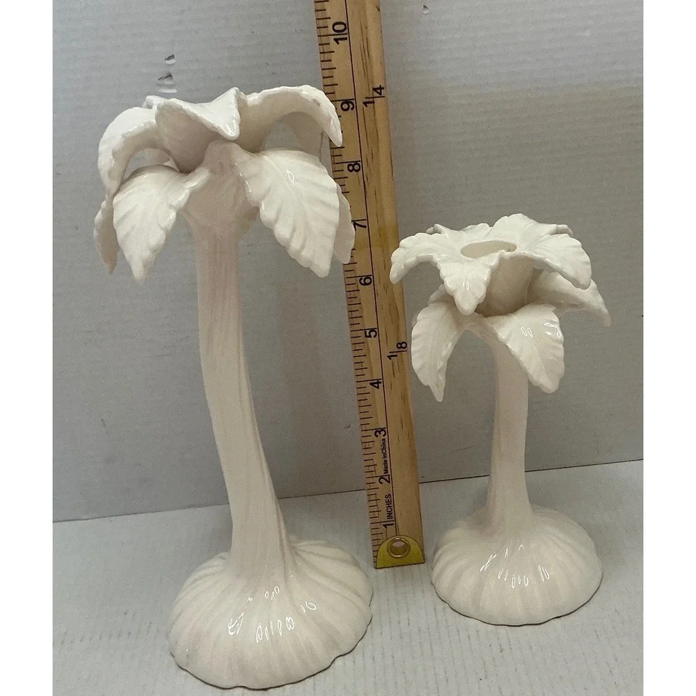 Fitz and Floyd Vintage Palm Tree Candle Holders White Ceramic Tropical Set of 2